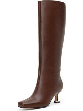 Women's Brown Square Toe Kitten Low Heel with Zipper Comfort Tall Knee High Boot